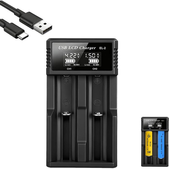 Chargeur Accu 18650 2 Slots Chargeur de Batterie au Li-ION à LCD Affichage 2 Slots Chargeur Piles Rechargeable 3.7V Li-ION