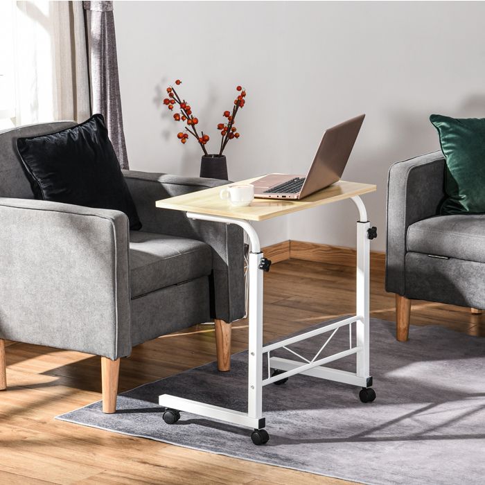 Table dappoint en C réglable sur roulettes avec freins 60 x 40 x 68-78 cm érable et blanc