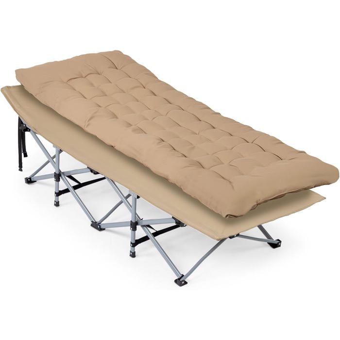 Lit pliant acier Oxford 600D 190×71×36 cm 150 kg max matelas 75 cm intégré sac transport finition brune