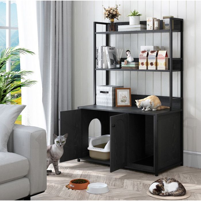 Armoire pour bac à litière de chat maison en bois avec griffoir et étagère 2 portes robuste noir anti-odeurs