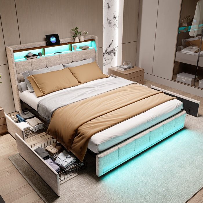 Lit 140x200cm - Lit Double 140x200 - Rembourré en Lin avec Éclairage LED Station de 2 USB + Type-C et 4 Tiroirs - Beige