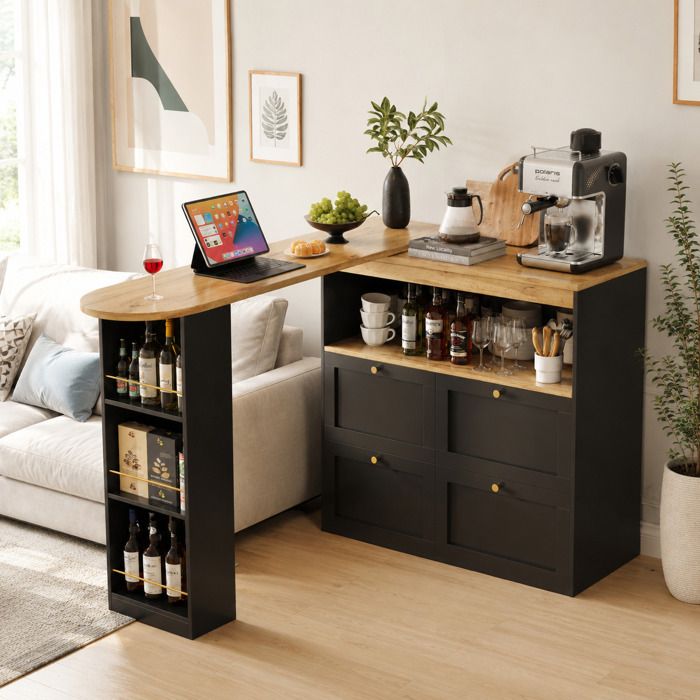 LEMONMAX Table Haute de Bar - 105 x 39 x 102 cm - Rotative 360° - 4 Tiroirs et étagères Ouvertes - MDF Noir