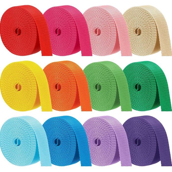 Lot de 12 sangles polypropylène 25 mm x 5 m 12 couleurs poignées sac ceinture activités extérieures artisanat lavable machine