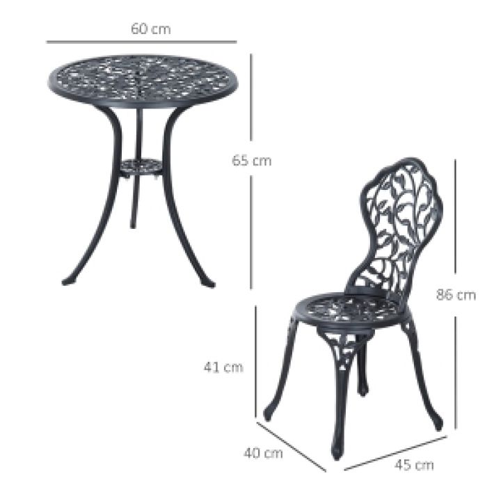Ensemble bistrot 3 pièces avec table et 2 chaises aluminium noir résistant à la corrosion pour balcon et terrasse