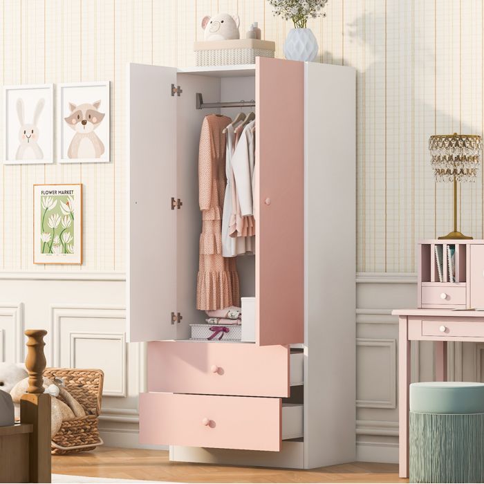 HOMVRA Armoire penderie 70 x 40 x 170 cm avec 2 tiroirs rose et blanc avec tringle