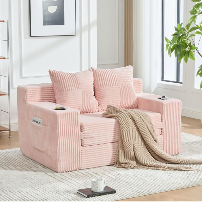 Maisentiel Canapé 2 places en corduroy rose 151 x 133 x 64 cm porte-gobelet et poches latérales