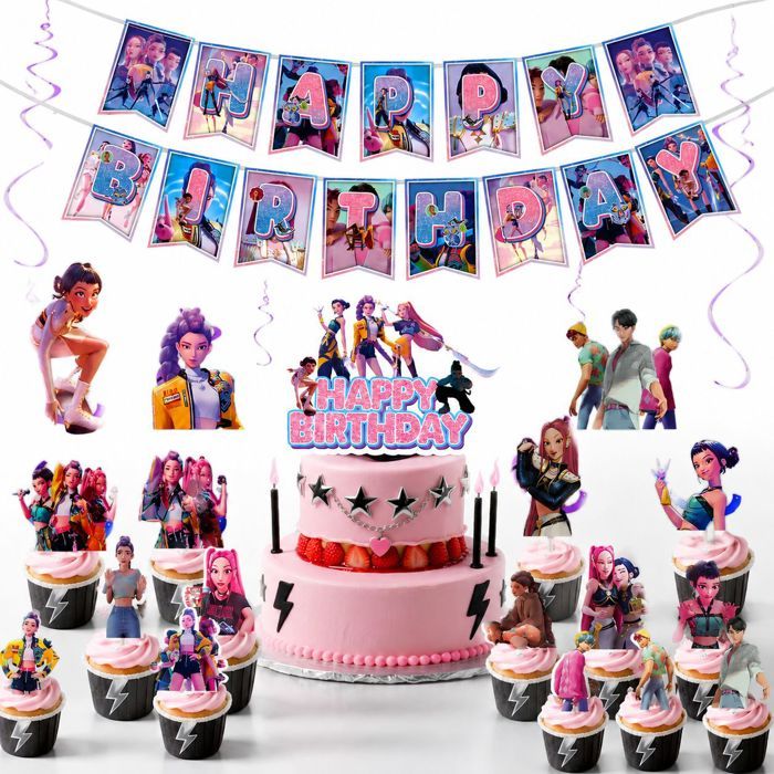 Décoration Anniversaire – Vaisselle Jetable avec Guirlandes de fanions - Kit 4 Pièces Paillettes Kpop – Fête Thème Idole – Violet