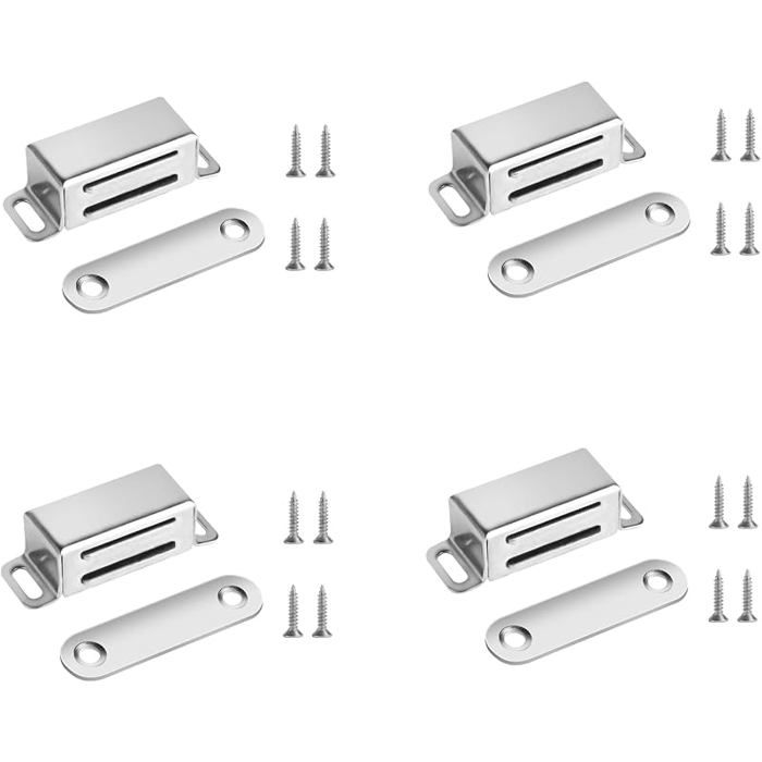 Lot de 4 Loquets Magnétiques Aimants Porte avec 16 Vis Fermeture pour Portes 4 Fermoirs Argentés
