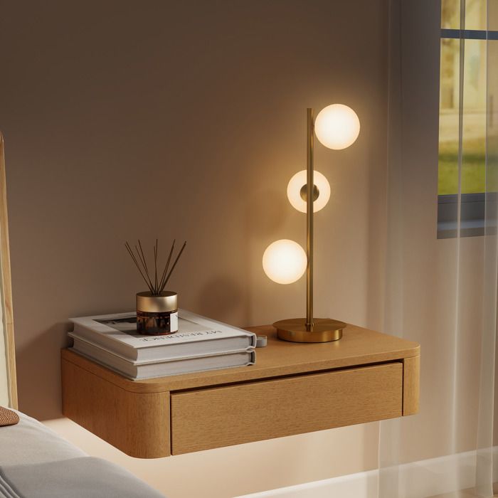 Lampe de chevet avec 3 abat-jours globe lampe de table moderne avec base en acier et douilles G9 53H cm ton laiton