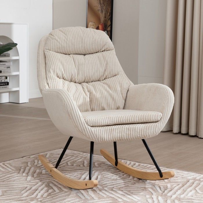 Fauteuil à Bascule Rocking-chair En Velours Côtelé Fauteuil Pour Relaxation Grand Confort Beige