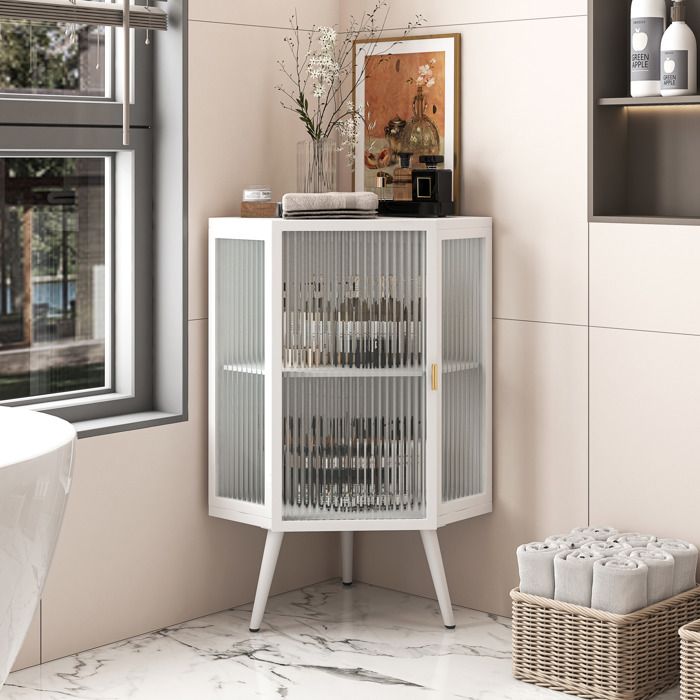 WOVREO Meuble de rangement d’angle blanc 56 x 42 5 x 80 cm porte en verre trempé