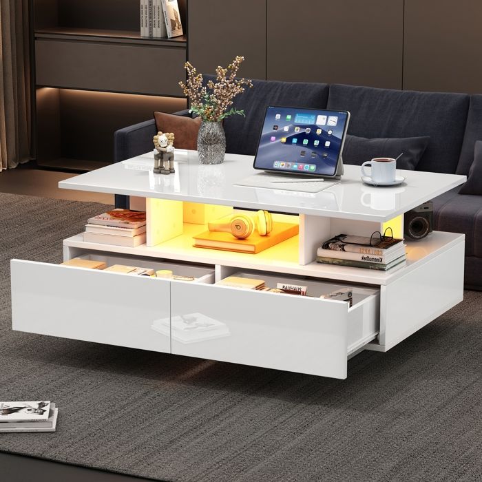 Table Basse Blanche Laquée avec Éclairage LED Table Basse 2 Tiroirs pour Salon Meuble de Rangement Moderne 90x55x41 cm Blanc