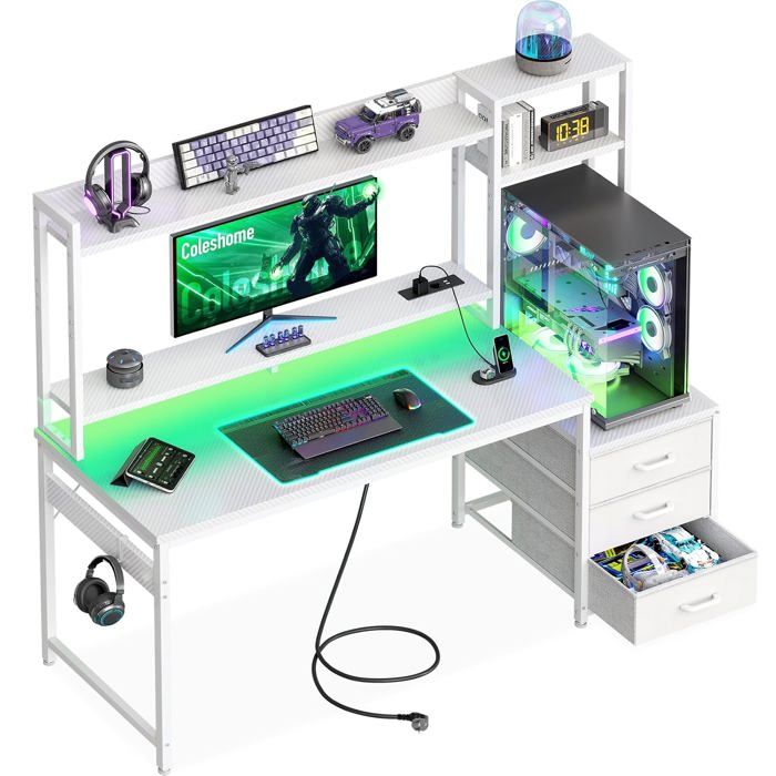 Bureau Gamer 137x48 cm avec Étagère et Tiroirs de Rangement LED Blanc Finition Carbone Setup PC et Console