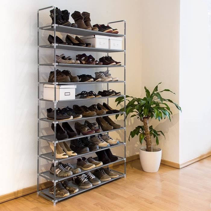 100cm étagère à chaussures  pour 50 paires , meuble de rangement 10 étages compartiments 100 x 28 x 175cm, gris