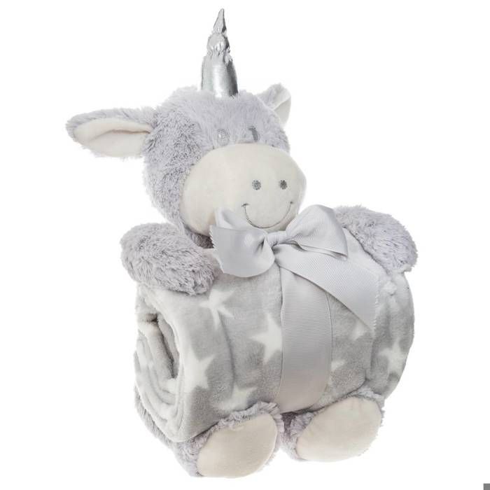 100/% microfibre Rose//Argent Coffret cadeau Plaid 75x75cm Doudou peluche Lisette la Licorne