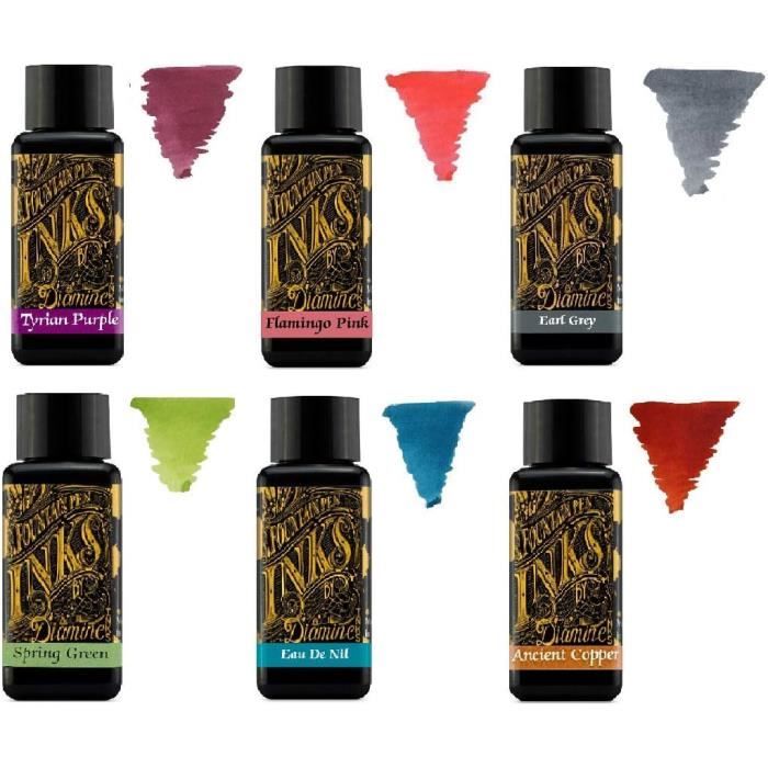 Encres Diamine 30ml Lot De 6 Couleurs - Amber, Oxblood, Imperial Purple, Aurora Borealis, Oxford Blue, Meadow