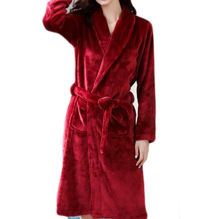 Peignoir de Bain Femme Flanelle Longue Doux et Confortable - Rouge 3 - Taille Unique