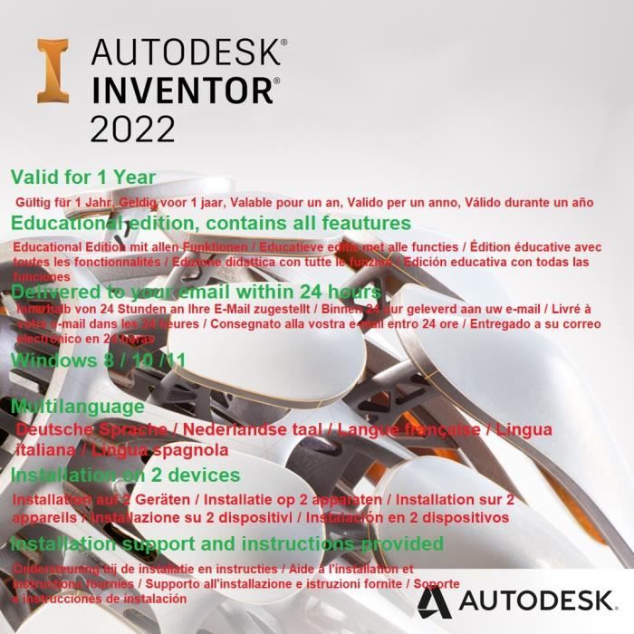 Logiciel – Autodesk – Inventor Professional 2022 – Licence éducative – Livraison numérique – 1 an