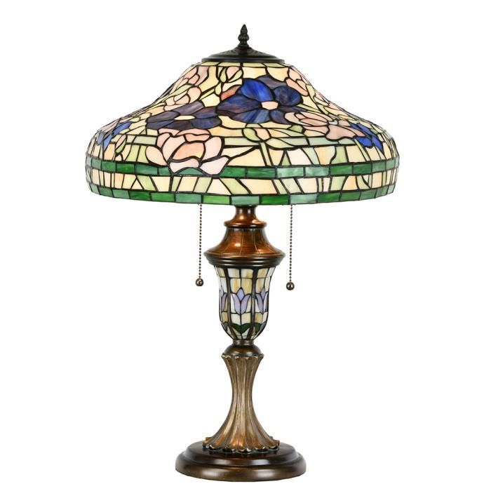 Lampe de table Tiffany Ø 46x60 cm Beige Vert Verre Plastique Rond Fleurs 5LL-1207