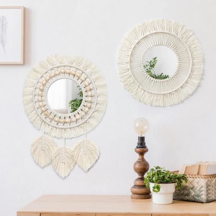 Miroir Mural Boho à Suspendre, Miroir Rond Fait à la Main en Macramé à Franges, pour Salon Blanc