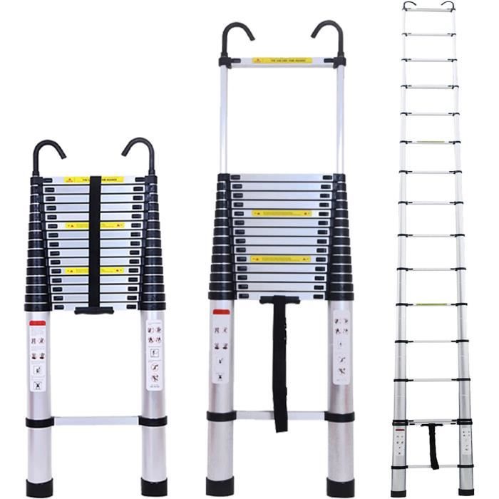 6.2M Échelle Télescopique avec 2 Crochets Amovibles Portable Échelle Pliant en Aluminium Telescopic Ladder