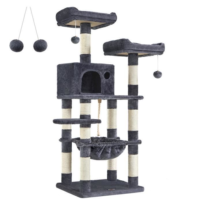 FEANDREA Arbre à Chat Hauteur 143 cm Tour avec 2 perches Gris foncé PCT15GYZ