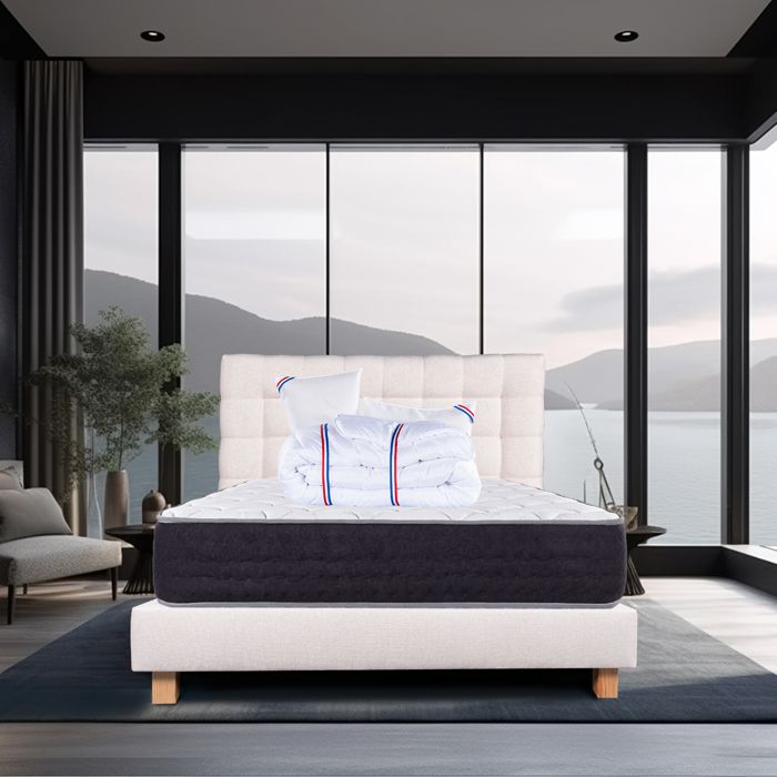 Ensemble matelas Sérénité 27 cm ressorts ensachés ferme réversible+sommier beige ep20cm + 2 oreillers+couette+TDL Ensemble matelas Sérénité 27 cm ressorts ensachés ferme réversible+sommier beige ep20cm + 2 oreillers+couette+TDL