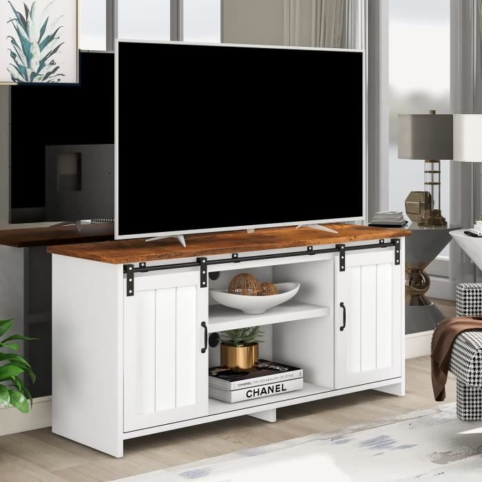 meuble tv, buffet bas, portes coulissantes, 2 étagères réglables, cadre en fer, 120 x 35 x 80 cm, style scandinave, blanc et marron