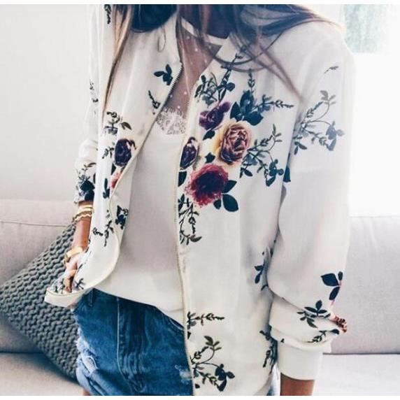 Veste Motard Femme Courte Zippée Imprimée Fleurs - Blouson Chic Mode Manches Longues