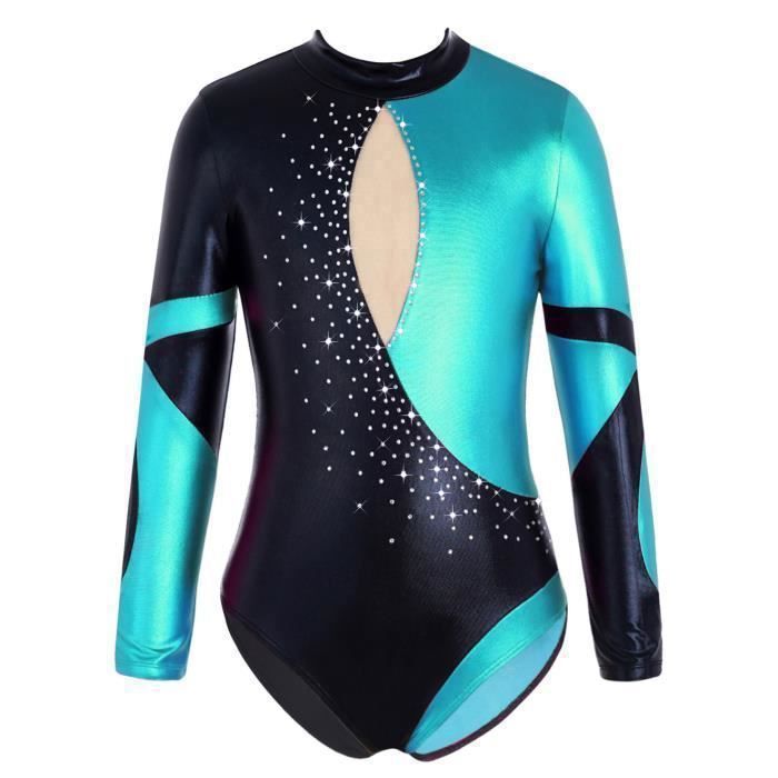 YIZYIF Enfant Fille Justaucorps Gymnastique Strass Manche Longue Leotard  Gym Bodysuit 5-14 Ans Bleu