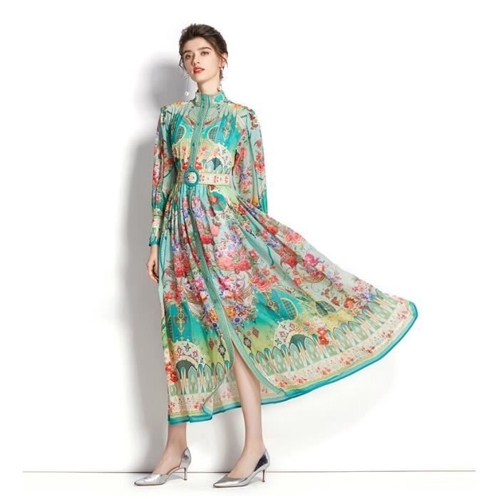 Robe Coline Mi-longue Neuve – Taille M Vert émeraude – Style Bohème Imprimé Sari Fait Main En Inde