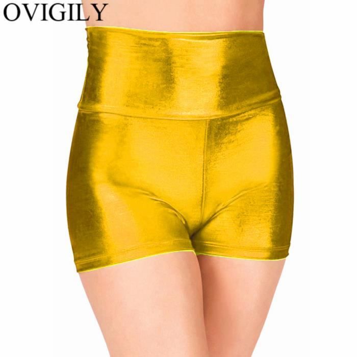 Short Booty Métallique Taille Haute Pour Femme - Pantalon Rave, Clubwear Sexy, Argenté, Taille L