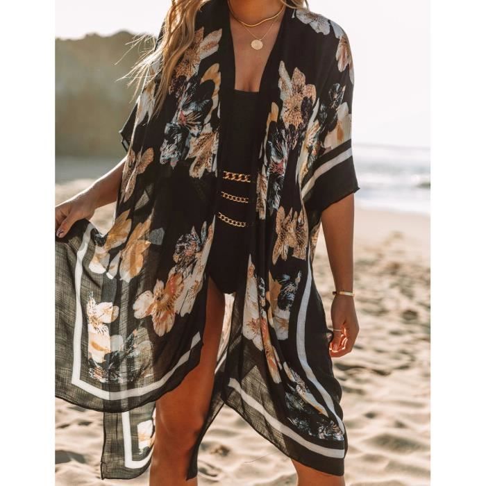 Robe de plage,Kimono d'été imprimé floral pour femmes,vêtements de