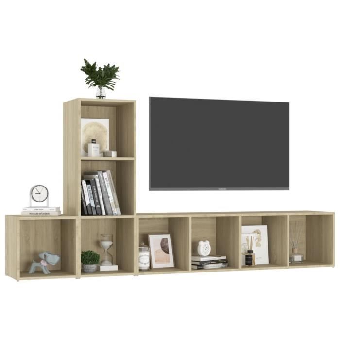 Meuble TV Design En Chêne Et Noir - Support Télé Avec Rangements Pratiques Pour Salon