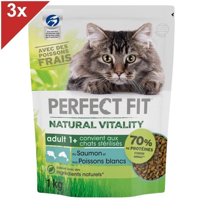 Comparer les prix de Croquettes pour chats adultes PERFECT FIT Saumon et Poissons blancs 3x1kg