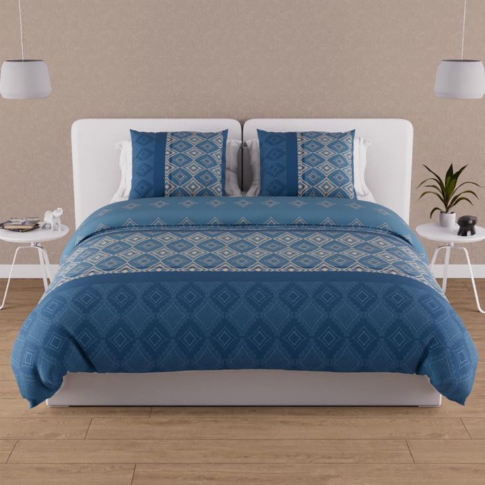 Parure housse de couette en coton 57 fils 260x240 cm ETHNO bleu par Soleil docre Parure housse de couette en coton 57 fils 260x240 cm ETHNO bleu par Soleil docre