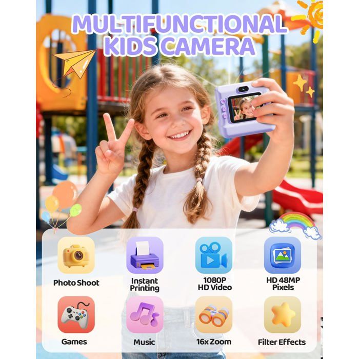 Appareil photo instantané pour enfants - TURBIX - 1080P HD - Double objectif - 32 Go de mémoire