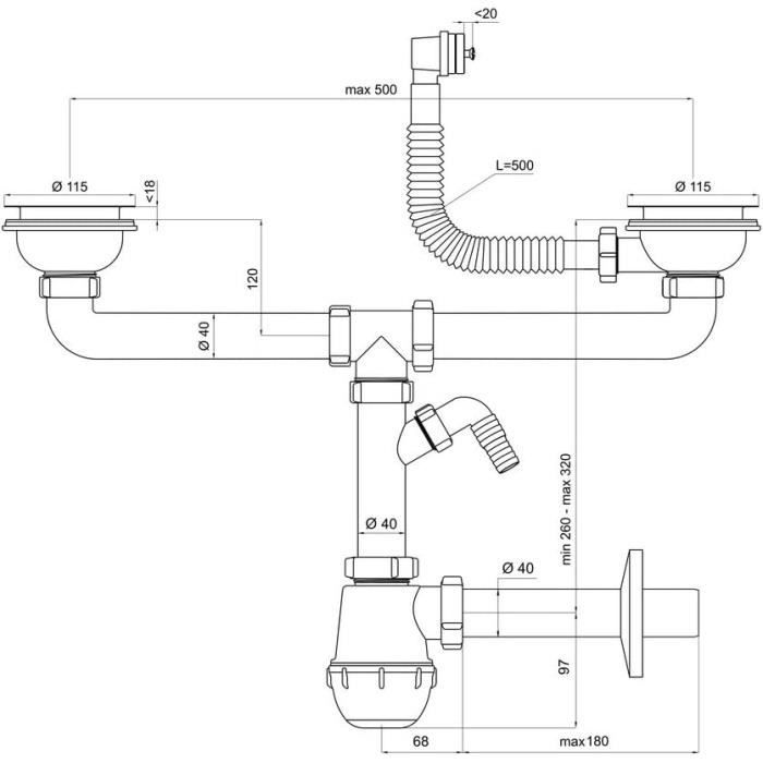 Siphon évier 2 bacs, diamètre 115 mm, avec trop plein rectangulaire — free download