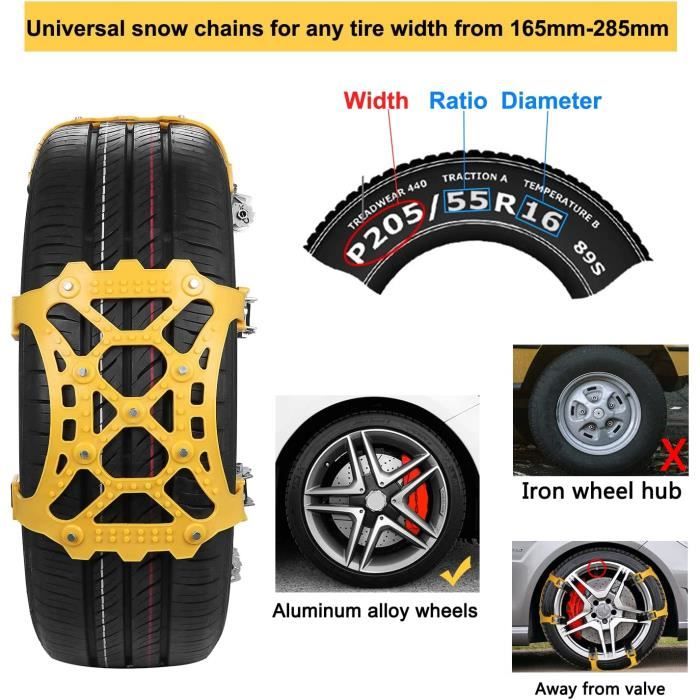 Chaînes à Neige Universelles 6 Pièces - Largeur Pneu 165 à 275 Mm - TPU Résistant à -45°C - Avec Pelle Et Gants