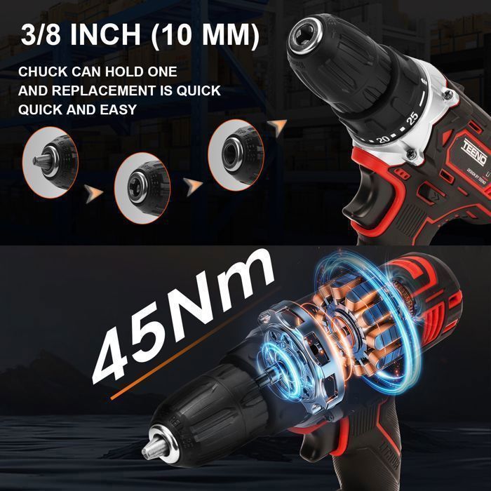 TEENO Perceuse Visseuse Sans Fil 18V 1 Battery Lithium Bleu - Perceuse Visseuse Impact Driver Moteur Balais 18V