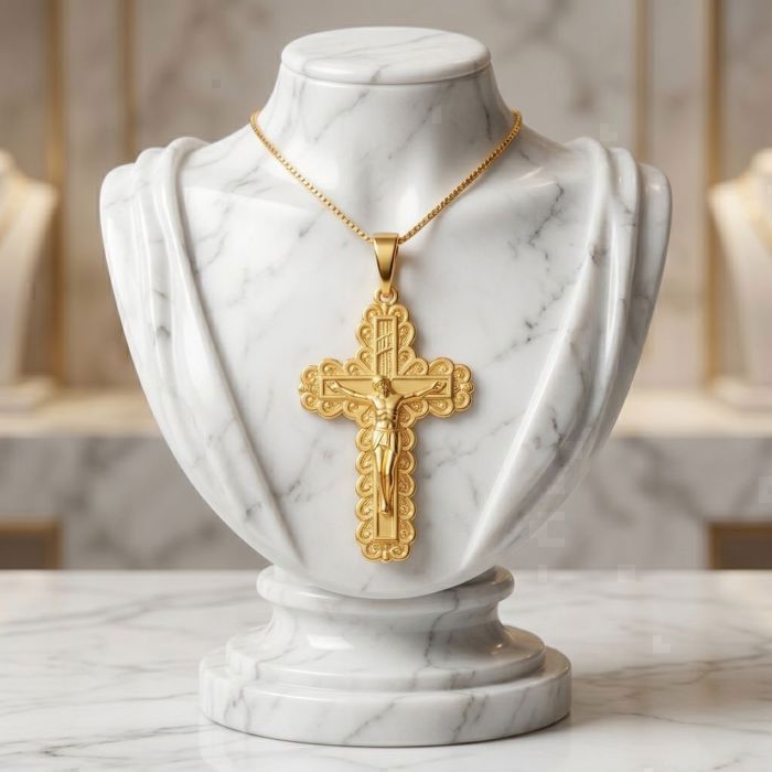 Collier Avec Pendentif Croix Catholique Ciselée - Plaqué Or Jaune 18 Carats (750), Neuf Avec étiquette