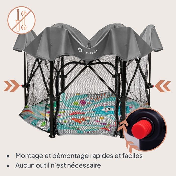 LIONELO Roel Plus - Parc Enfants Jusqu'à 15 Kg, 6 à 36 Mois - 134 X 74 X 67 Cm - Entrée Latérale à Fermeture Éclair, Côtés En Filet Aéré, Sac De