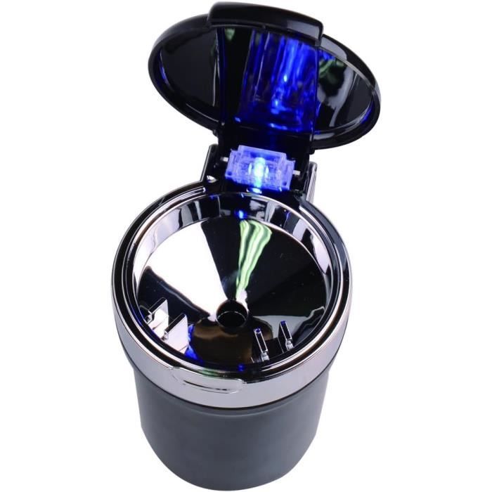 Cendrier De Voiture Avec Couvercle Et Lumière LED Bleue - Doublure Métal Amovible - ABS Ignifuge - 70x95 Mm