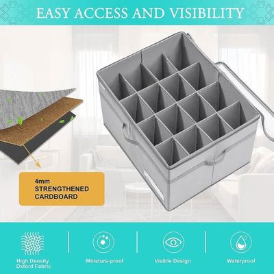 Organisateur De Chaussures XXL Gris - 16 Paires, Compartiments Réglables, Couvercle Transparent & Poignées 3 Côtés - 44x44x29 Cm