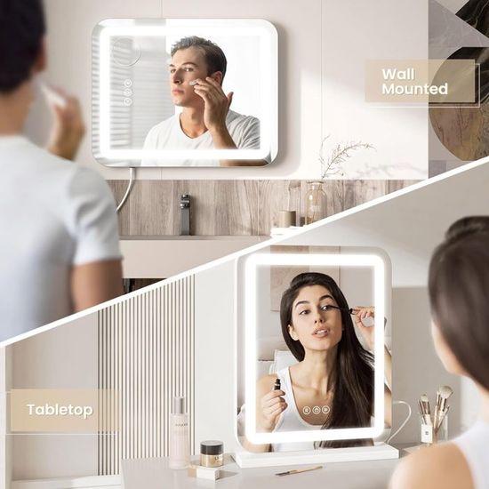 Miroir Maquillage Hollywood 60 X 53cm Avec Lumière 14 Ampoules,Miroir Maquillage LED 3 Modes Reglables Controle Tactile Connecte Usb