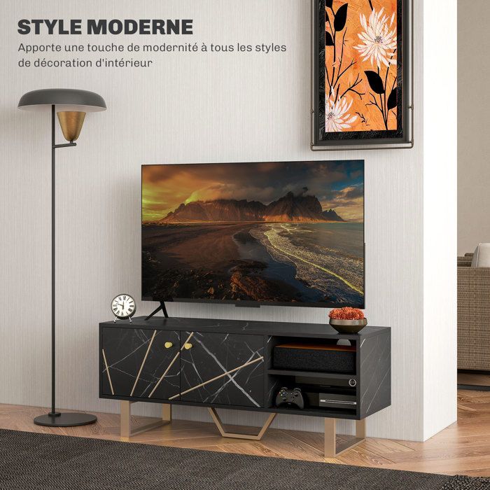Meuble TV 140 Cm HOMCOM Effet Marbre Et Noyer - Pour Télés Jusqu'à 65 Pouces, Portes, étagères Réglables, Passe-câbles - Banc TV Salon Moderne
