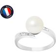 PERLINEA - Bague Véritable Perle de Culture d'Eau Douce Ronde 8-9 mm - Colori Blanc Naturel - Diamant - Or Blanc - Bijou Femme-0