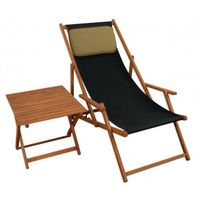 Chaise longue de jardin pliante noire - ERST-HOLZ - modèle 10-305TKD - accoudoirs et oreiller - table d'appoint