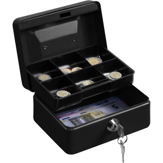Petite Caisse Monnaie Billet Piece Boîte à Monnaie en Acier Noir avec Plateau Compartimenté pour