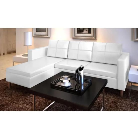 Canapé sectionnel à 3 places OVONNI - Blanc - Réversible - Cuir synthétique - Confortable